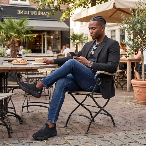Men Slip in Free up Hands Shoe Wide Toe Box Arch Support Orthopedic Walking 10.5 Wide Slip On-black