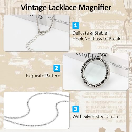 10X Magnifier Necklace with 40mm Diameter Glass Magnification Lens Pendant Retro Magnifying Glass for Women Monocle with Portable Pocket Magnifier Jewerly Long Chain 10X