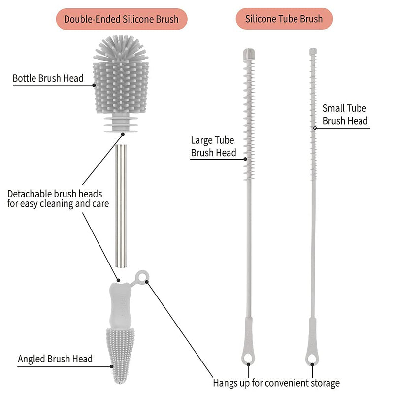 haakaa Silicone Cleaning Brush Kit - SUVA Grey - Bottle Brush for Breast Pumps, Breast Milk Collector, Baby Bottles, Nipples, Breastmilk Storage Bags - BeesActive Australia