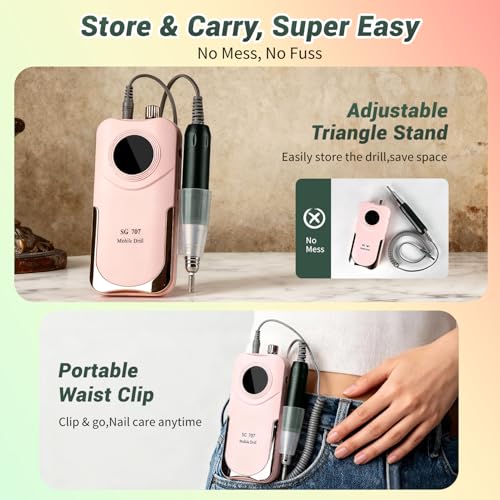 JEWHITENY Professional Rechargeable Nail Drill 35000 RPM, SG707 Electric Nail File with 6 Drill Bits for Acrylic Nails Gel Polishing Removing(Pink) Pink