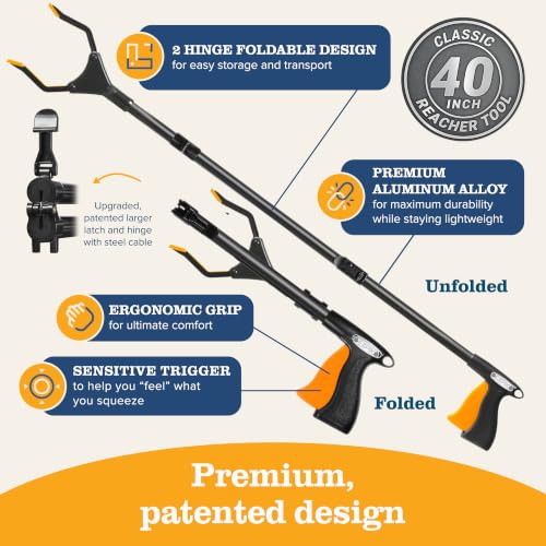 EZPIK Classic 40” Folding Grabber Reacher Tool with Dual Magnets, Heavy Duty Trash Picker Upper Grabber for Seniors & Disabled Users, Aluminum Pickup Tool for Everyday Reaching Aids (Black, 2 Pack) 40'' (Pack of 2) - Black