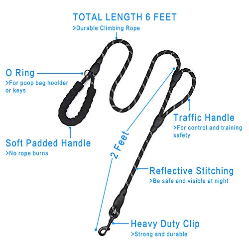 Plutus Pet Rope Dog Leash 6ft long,Traffic Padded Two Handle,Heavy Duty,Reflective Double Handles Lead for Control Safety Training,Leashes for Large Dogs or Medium Dogs,Dual Handles Leads(Black) Rope-Black - BeesActive Australia