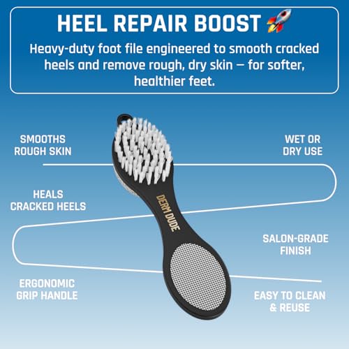 Derm Dude 4-in-1 Foot Scrubber & Heel Repair Tool | Foot File Callus Remover for Feet | Pedicure Tool with Metal File, Pumice Stone, Emery Board & Cleaning Brush to Soften & Smooth Rough, Dry Feet