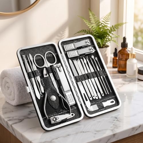 19-Piece Nail Clippers Set: Professional Fingernail & Ingrown Toenail Clipper Cutters for Men and Women – Stainless Steel Grooming Kit with Stylish Leather Travel Case! (Black-19Pcs) Black-19pcs