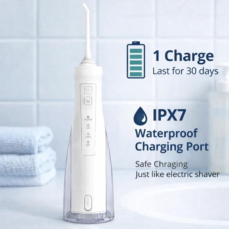 Water Flosser for Teeth, Portable Cordless Oral Irrigator with 4 Modes, 300ML Large Water Tank, IPX7 Waterproof Dental Flosser for Braces, Travel & Home Use (White) White