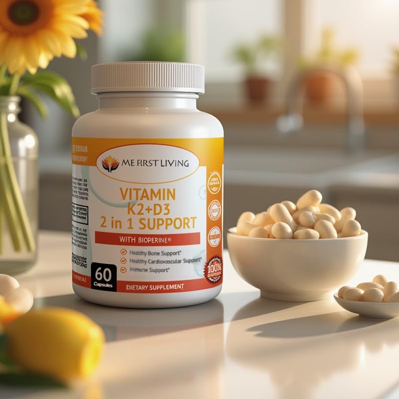 Me First Living Vitamin D3 K2 Supplement for Bone and Heart Health Non-GMO Formula 125 MCG Vitamin D3 & 100 MCG Vitamin K2 MK-7 Easy to Swallow Capsules with Calcium