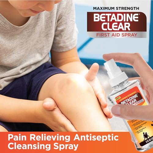Betadine Clear First Aid Spray, Max Strength Pain Relieving Antiseptic Cleansing Spray, No Stinging, Kills 99.9% of Germs*, Helps Prevent Infections, 6 oz 6 Ounce Clear Spray