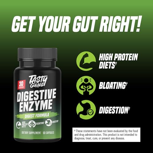 TASTY GAINS - Digestive Enzymes - Complete Digestive Enzymes Supplement for Gut Health, Bloating Relief for Men and Women - Food Discomfort Relief & Debloat (60 Capsules)