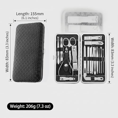 19-Piece Nail Clippers Set: Professional Fingernail & Ingrown Toenail Clipper Cutters for Men and Women – Stainless Steel Grooming Kit with Stylish Leather Travel Case! (Black-19Pcs) Black-19pcs