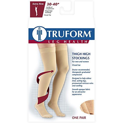 Truform 30-40 mmHg Compression Stockings for Men and Women, Thigh High Length, Dot-Top, Closed Toe Beige Medium (1 Pair)