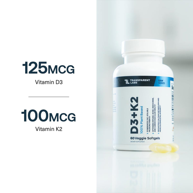 Transparent Labs Vitamin D3 K2 - Vitamin D & K2 Vitamin Supplement for Men & Women, Vegan-Friendly D3K2 5000 IU Supplements to Support Bone, Immune, and Overall Health - K2 D3 60 Capsules