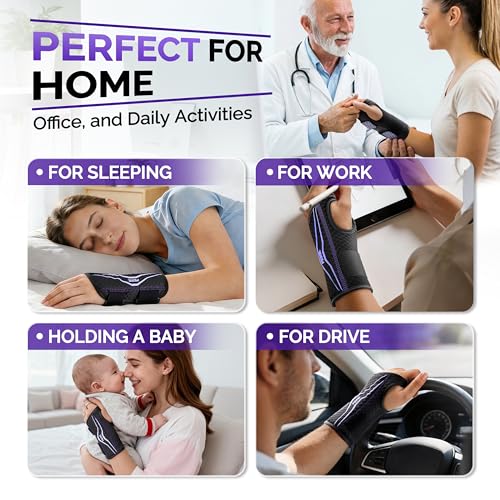 FEATOL Wrist Brace with Ergonomic Wrist Splint Right Hand, Breathable Hand Support for Women and Men, Pain Relief for Carpal Tunnel, Tendonitis & Daily Work, Medium Black Purple