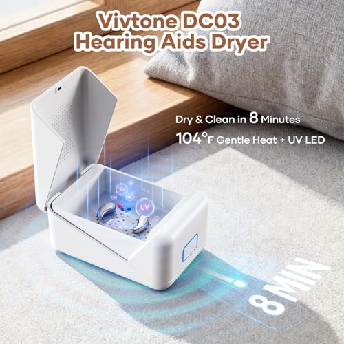 Vivtone DC03 Hearing Aid Dryer – 104°F Constant Heat Dehumidifier with UV LED, 2 / 8 Hour Auto Dry Modes – Portable Dry Box for Hearing Aids, AirPods & in Ear Devices White
