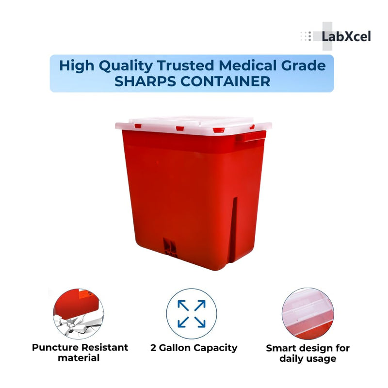 Polypropylene 2 Gallons Sharps Container with Cap ‚Äì Needle & Syringe Disposal for Home & Professional Use, Free Standing, Translucent Sliding Lid, PVC-Free Medical Waste Bin ‚Äì Red, 2 Count