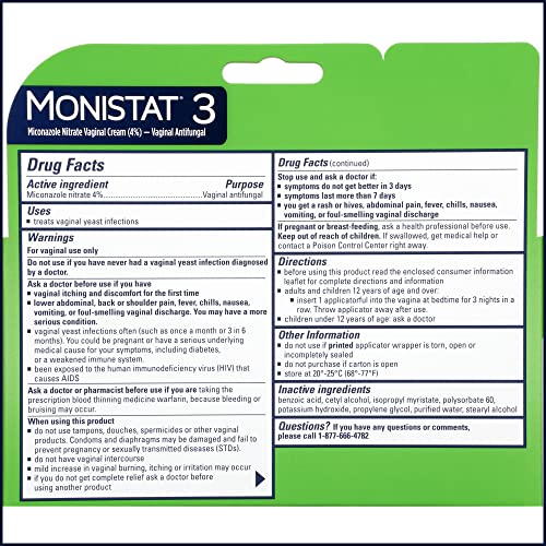Monistat 3-Day Yeast Infection Treatment, Miconazole Cream, 3 Applicators 3 Count