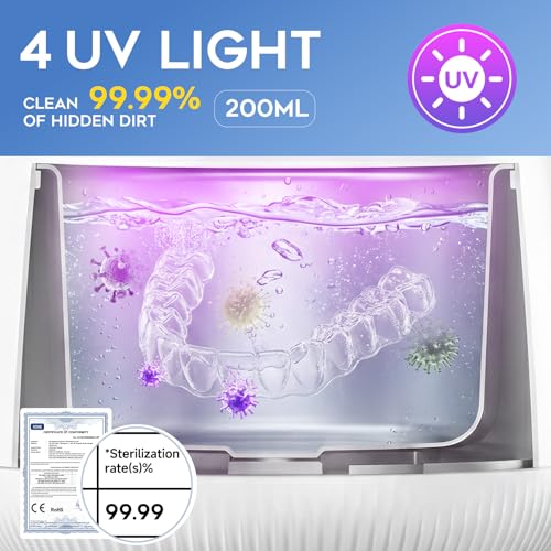Ultrasonic Retainer Cleaner Machine, Dynamic 42-48kHz Dental Cleaning Pod with Digital Timer, 200ml Mouth Guard Cleaner Pod for Aligners, Night Guards, Dental Trays, Braces & Toothbrushes（White）