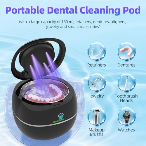 Upgraded Ultrasonic Retainer Cleaner Machine, 45kHz Dental Cleaning Pod for Retainers, Dentures, Aligners, Night Guards, Mouth Guards, Braces, Jewelry & Toothbrush Heads, Portable 180ML Cleaner