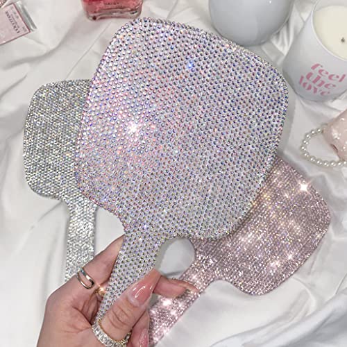 TISHAA Bling Handheld Makeup Mirror – Sparkly Crystal Rhinestone Compact Mirror for Women, Cute Portable Vanity Mirror for Travel, Purse, Gift for Her (White AB) White Ab
