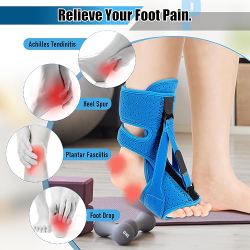 Plantar Fasciitis Night Splint - Adjustable Straps Relief Brace with Fasciitis Socks Massage Ball Arch Support, Foot Drop Achilles Tendonitis Heel Pain Night Support for Women Men (Blue) Blue