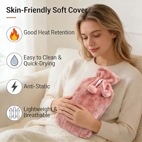 Hot Water Bottle with Cover 2L – PVC Heat Pack for Menstrual Cramps, Back Pain & Bed Warmer – Leakproof Hot & Cold Compress, Ultra-Soft Touch, Ideal for Hand/Feet Warmer (Pink) Pink