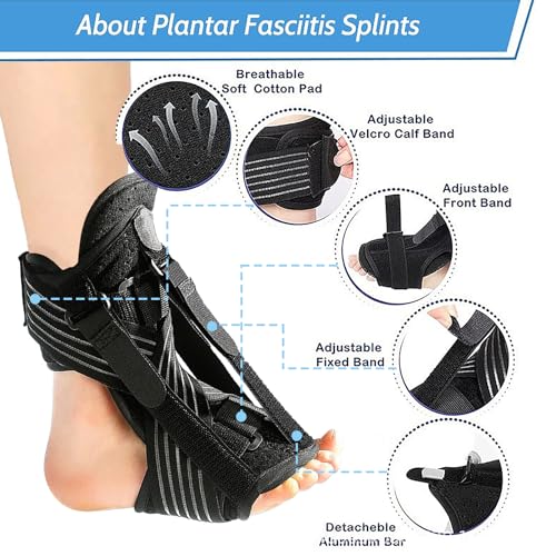 Plantar Fasciitis Night Splint, Foot Drop Brace for Sleeping, 3 Adjustable Straps Fasten, Elastic Compression Band & Splint Support, Foot Support for Achilles Tendonitis Heel Spur, Black, 1 Piece