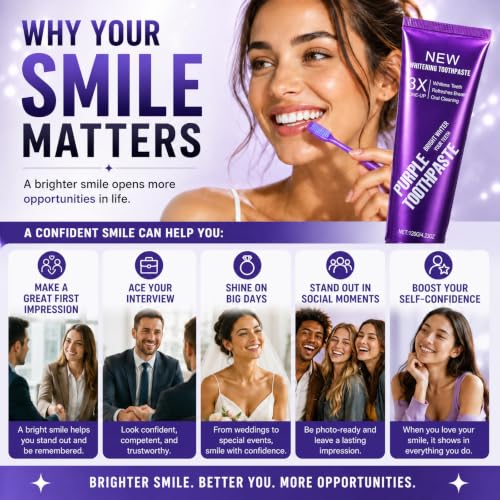 Teeth Whitening Purple Toothpaste, 3X Whitening Formula for Bright Smile,Enamel Safe, Sensitive Teeth Friendly, Fluoride Toothpaste with Fresh Breath for Coffee Tea Stains. (Pack of 2pcs) 2.12 Fl Oz (Pack of 2)