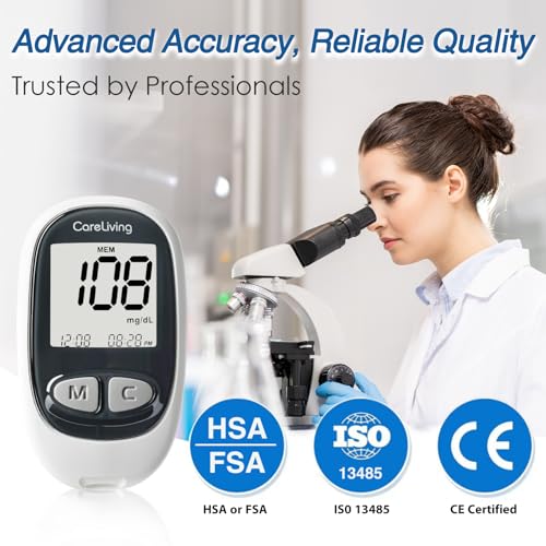 CareLiving MM1100 Blood Glucose Monitor Kit with 100 Test Strips, 100 Lancets, 1 Blood Glucose Meter, 1 Lancing Device, Diabetes Testing Kit, Portable Blood Sugar Test Kit, Glucometer Kit for Home