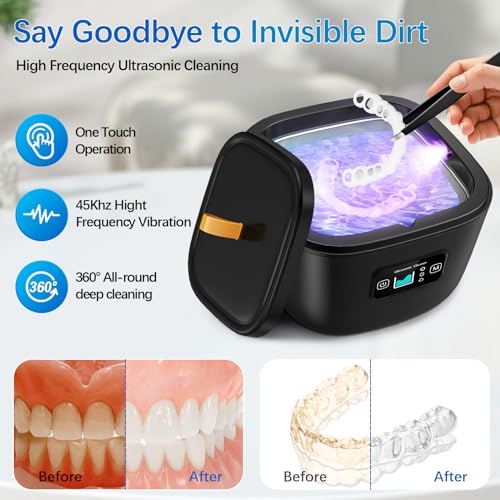 Retainer Cleaner Machine - Raccomb 45kHz LED Light Cleaner for Dentures, Aligner, Mouth Guard, Night Guard Cleaner, 255mL Sonic Cleaning Machine for Jewelry, Dental Appliances