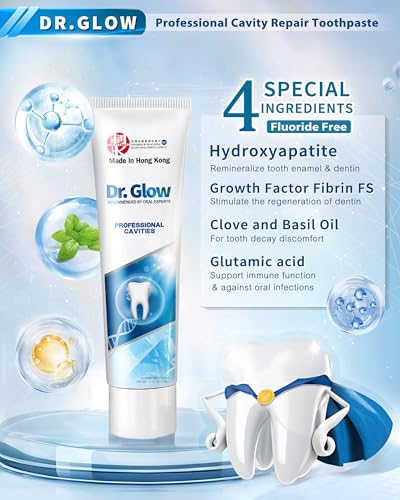 Dr. Glow Adult Cavity Repair Toothpaste, Cavity Reversing Hydroxyapatite Toothpaste, Cavity Filler for Tooth Remineralization, Tooth Decay Treatment Repair, Enamel Repair Cavity Remover, Fluoride Free 3.52 Ounce (Pack of 1)