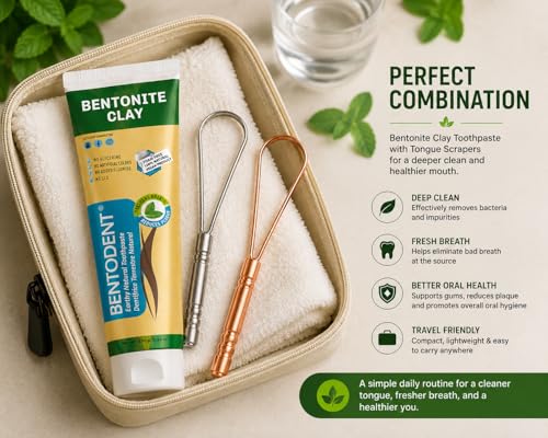 Bentodent Bentonite Clay Toothpaste + Stainless Steel Tongue Scrapers Bundle | Fresh Breath Oral Care Kit | Natural Foam-Free Toothpaste with Silver & Rose Gold Tongue Cleaners