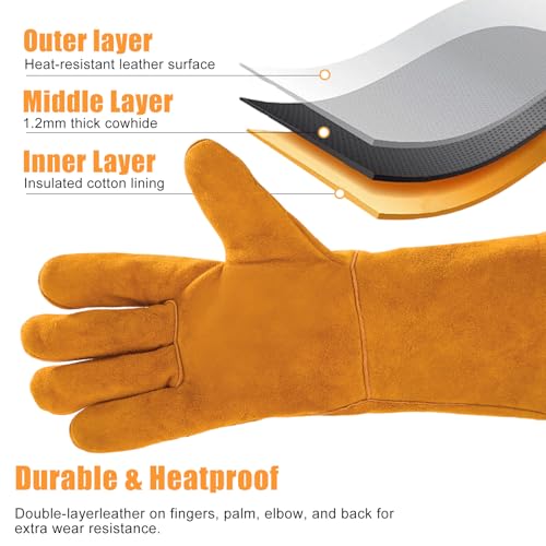 14IN Welding Gloves 932℉ Fire & Heat Resistant - Premium Leather Forge Gloves for Welder, Blacksmith, Fireplace, Wood Stove, Fire Pit, Grilling, Furnace 14IN Brone