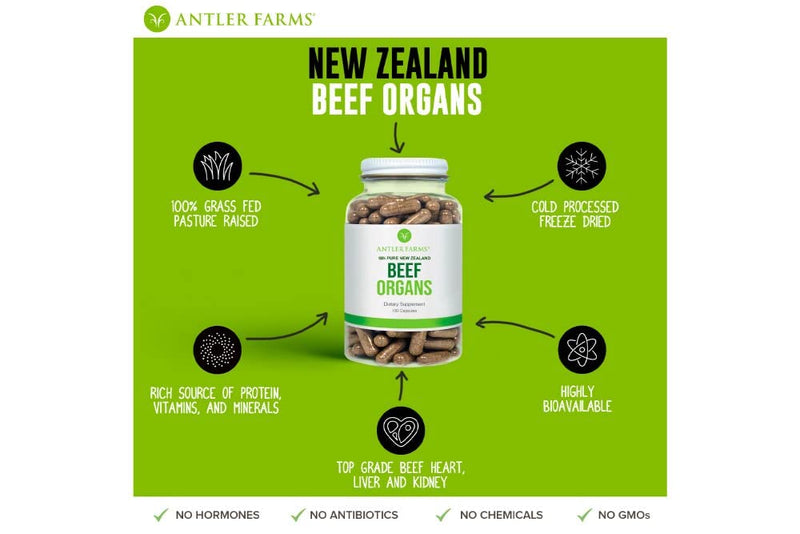 Antler Farms New Zealand Beef Organs - Heart Liver Kidney, 180 Ct, 400mg | 100% Pure Grass Fed Beef Organ Supplement, Cold Processed, Pure and Clean rBGH Free, No Fillers or Additives