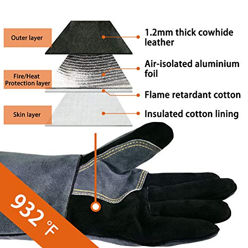 WZQH 16 In,932℉,Welding Gloves,Fireplace Glove,Fire & Heat Resistant,L Large (Pack of 1) Black-gray