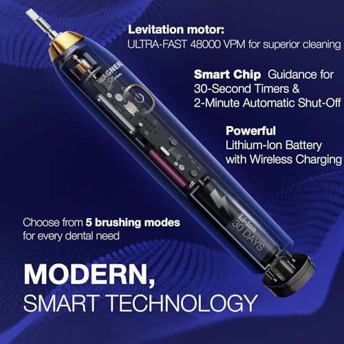 Wagner Stern The Sapphire Blue Edition ultrasonic whitening Electric Toothbrush Features Five Brushing Modes, Eight Soft Brush Heads, and a Premium Travel case.