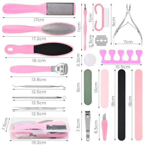 Professional Foot Care Kit, 30-Piece Pedicure Set with Foot File, Callus Shaver, Hard Skin Remover (Pink) Pink