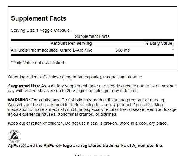 Swanson Amino Acid Ajipure L-Arginine Pharmaceutical Grade 500 Milligrams 60 Veg Capsules | Precursor to Nitric Oxide for Overall Health Support, High-Purity Pharmaceutical-Grade Amino Acid Support