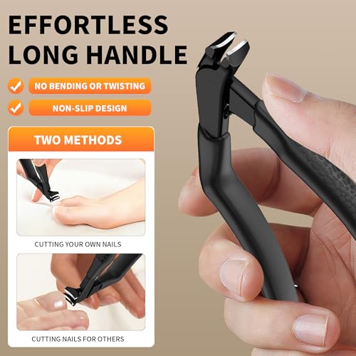 ZIZZON Ergonomic Non-Slip Long Handle Nail Clippers for Seniors – Angled Head with Wide Jaw, Built in Catcher for Thick Toenails and Fingernails