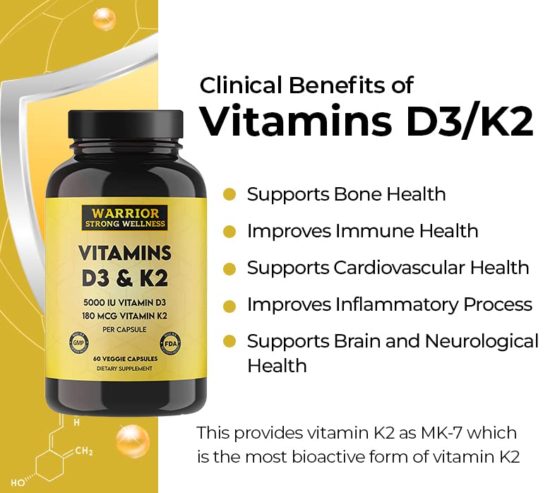 Vitamin D3 and K2 Supplement, 60 Capsules | 5000IU Vitamin D3, 180MCG Vitamin K2, Immune, Heart Health, 2 Month-Supply, Veggie Capsules