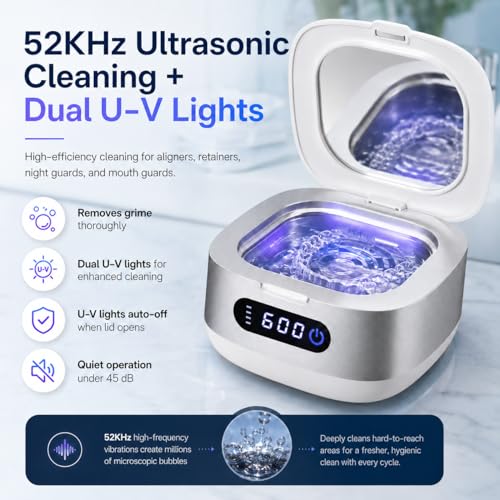 Voraiya Cordless Ultrasonic Retainer Cleaner Machine, 4000mAh Rechargeable Cleaning Pod with UV, IPX6 Portable Denture Cleaner for Mouth Guard, Night Guard, Invisalign Aligners, Adults & Travel Sliver White