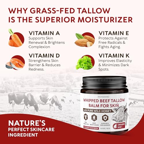 RICHGRAND Beef Tallow for Skin 2 Pack - Whipped Tallow and Honey Balm - Grass Fed Beef Tallow for Face, Daily Moisturizer & Body Butter - Natural Non Comedogenic Skincare (8.6 oz) 4.3 Ounce (Pack of 2) Unscented