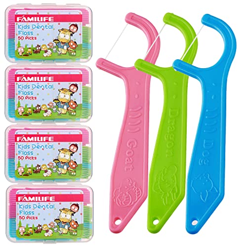 FAMILIFE Dental Floss Picks Kids flossers Toddler Threaders Children 200 Picks and FAMILIFE Manicure Set, Nail Kit 11 in 1 Pedicure kit Stainless Steel Mens Manicure Kit Leather Pedicure Tools Men