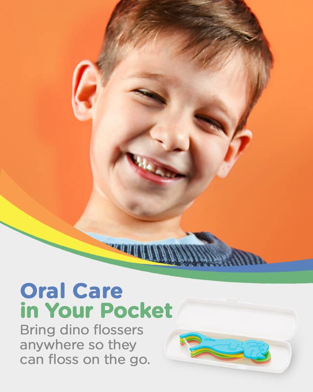 Piico Unflavored Kids Floss - No Fluoride Dual Line Dental Floss Picks - Fun Oral Care in Colorful Floss Sticks Design - Flossers Prevent Tooth Decay & Gum Disease - 300 Playground Dino & Travel Case Dino Playground