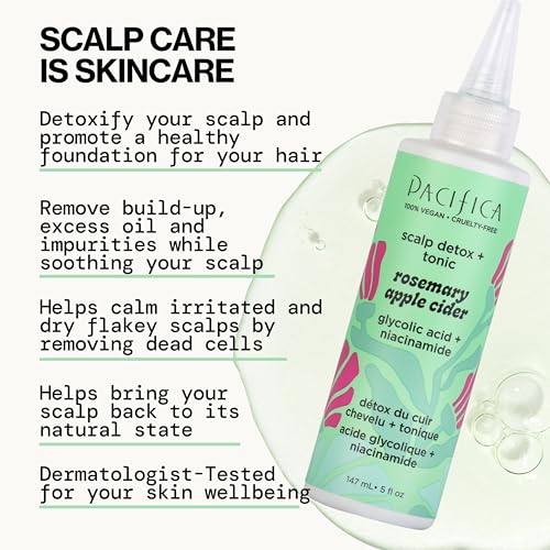 Pacifica Scalp Detox Set – Rosemary Apple Cider Vinegar Scalp Exfoliating Tonic with Scalp Massager Brush, Deep Cleansing & Clarifying Treatment for Buildup, Dry Flaky Scalp, Vegan Tonic & Brush