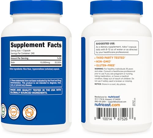 Nutricost Biotin (Vitamin B7) 10,000mcg (10mg) Vitamin Supplement, 240 Capsules - Vegetarian, Gluten Free, Quick Release, Non-GMO (Pack of 3) 240 Capsules (Pack of 3)