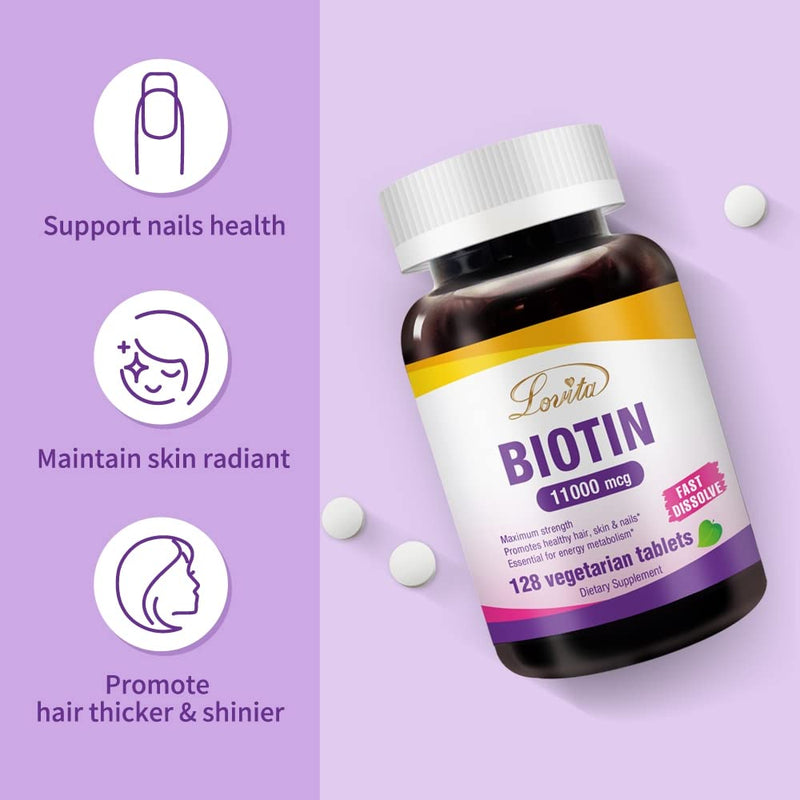 LOVITA Biotin 11,000 mcg, 128 Vegan Tablets | Hair Skin & Nails Vitamin B7, non-GMO, Gluten-Free, 128-Day Supply