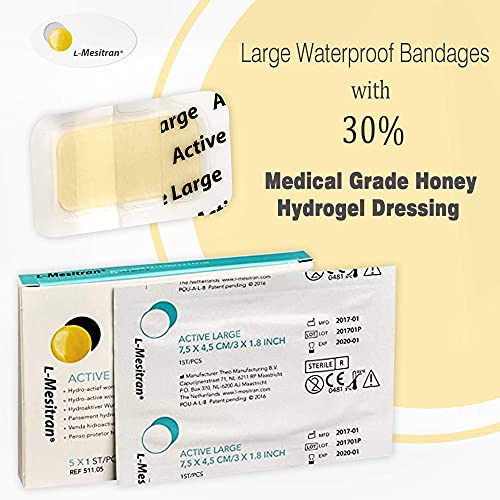 L-Mesitran Medical Grade Honey Bandages (5 Pieces in 1 Pack) - 30% Honey - Wounds Healing Waterproof Medicated Non-Adhering Sterile Gauze Pads Dressing to Cover Small Cuts, Abrasions, Burns 5 Count Bandages 30% Honey