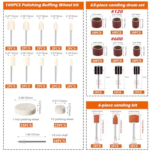 185Pcs Polishing Buffing Wheel Kit, Felt Wool Pad Set, Rotary Accessories with Sanding Drum, Polishing Compound, Grinding Head, 1/8" Shank for Jewelry Metal Polishing, Compatible with Dremel 185pcs-10 Styles
