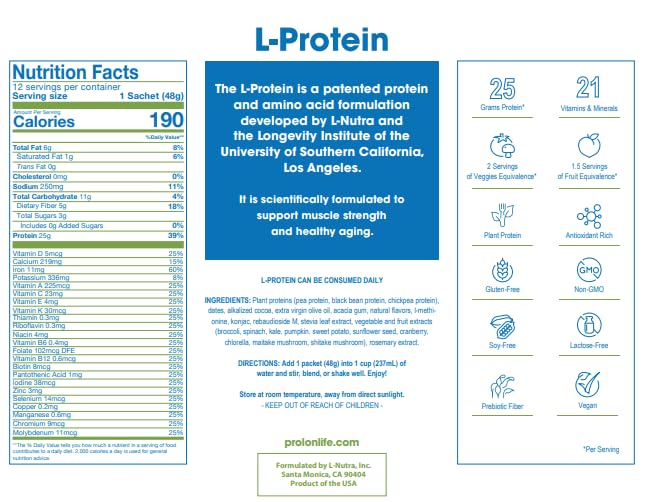 Prolon Longevity Plant Based Protein Powder | Muscle Synthesis & Repair, Healthy Aging, Boost Performance | Vitamins, Gluten Free, Amino Acids, Antioxidants | 25g of Protein | Chocolate, 12 Packets 1.28 Pound (Pack of 1)