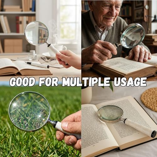 10X Magnifying Glass Lens with Nickle Finish & Carved White Resin Handle – Large Handheld Magnifying Glass for Reading, Vintage, Big Magnifying Reader (White)