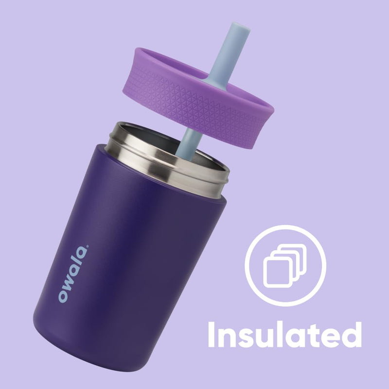 Owala Kids Insulation Stainless Steel Tumbler with Spill Resistant Flexible Straw, Easy to Clean, Kids Water Bottle, Great for Travel, Dishwasher Safe, 12 Oz, Purple (Peacock Palace) Drinking Cup